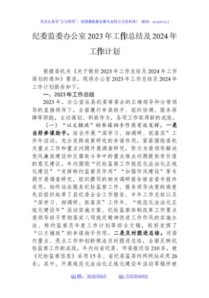 纪委监委办公室2023年工作总结及2024年工作计划