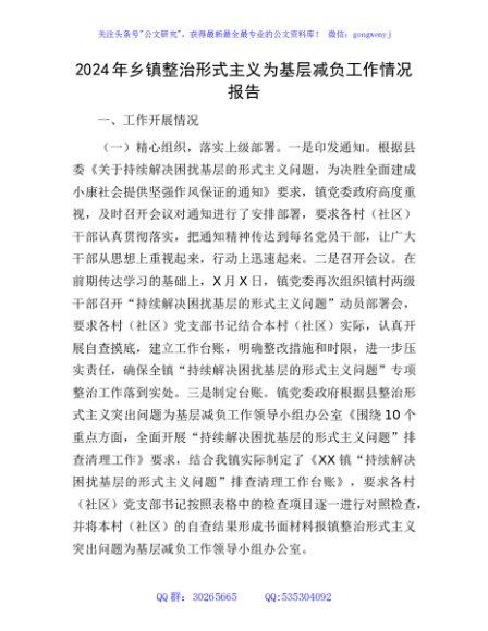 乡镇整治形式主义为基层减负工作情况报告