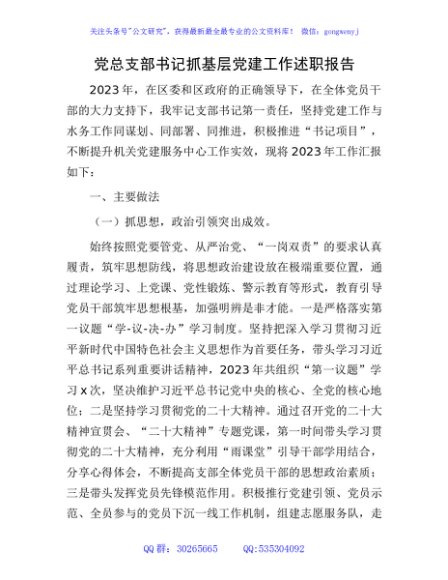 2023年总支部书记抓基层党建工作述职报告2900字