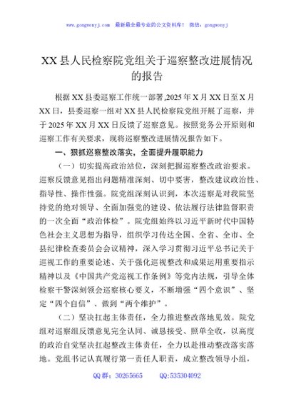XX县人民检察院党组关于巡察整改进展情况的报告