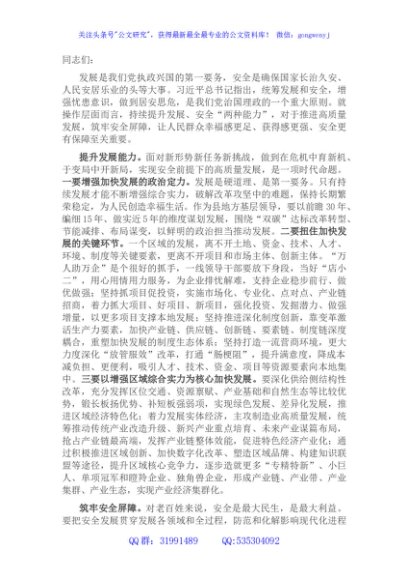 研讨发言：更好统筹发展和安全