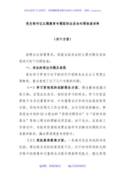 党支部书记主题教育专题组织生活会对照检查材料（四个方面）