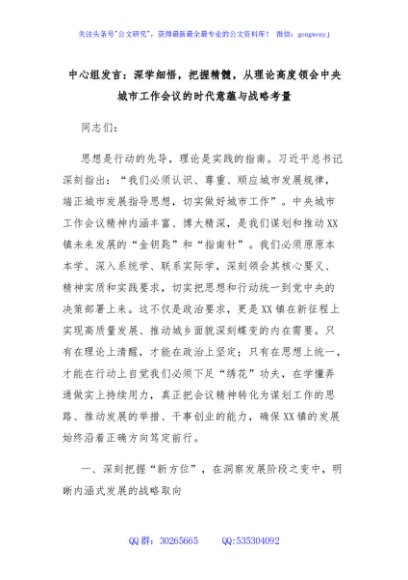 中心组发言：深学细悟，把握精髓，从理论高度领会中央城市工作会议的时代意蕴与战略考量