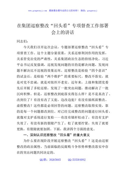 在集团巡察整改“回头看”专项督查工作部署会上的讲话