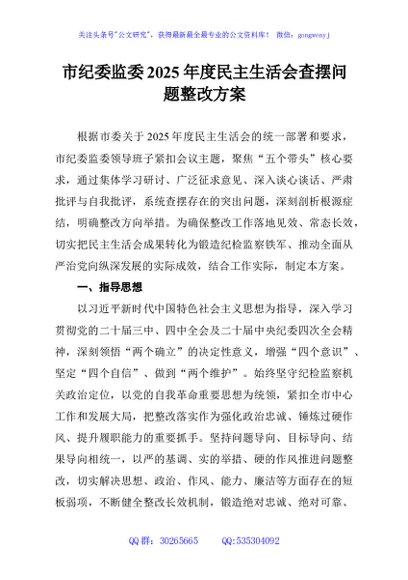 市纪委监委2025年度民主生活会查摆问题整改方案