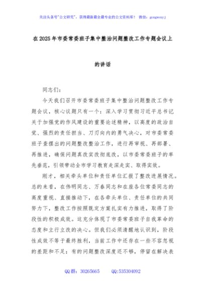 在2025年市委常委班子集中整治问题整改工作专题会议上的讲话