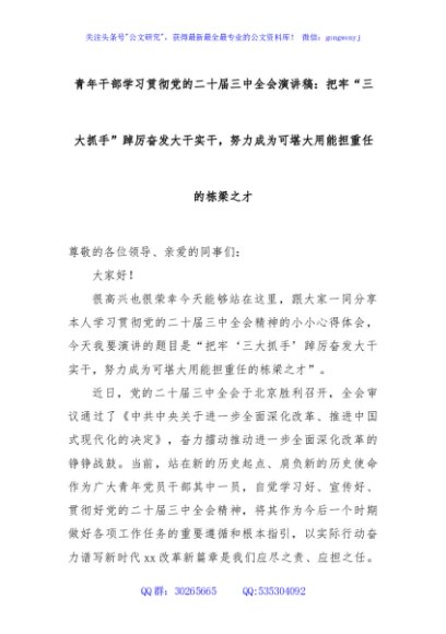 青年干部学习贯彻党的二十届三中全会演讲稿：把牢“三大抓手”踔厉奋发大干实干，努力成为可堪大用能担重任的栋梁之才