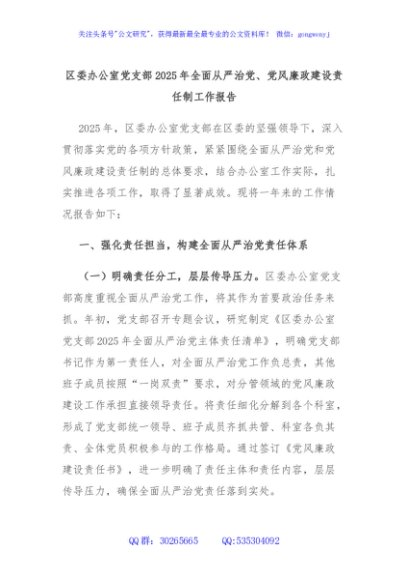 区委办公室党支部2025年全面从严治党、党风廉政建设责任制工作报告