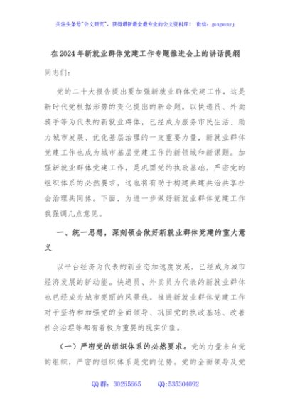 在2024年新就业群体党建工作专题推进会上的讲话提纲