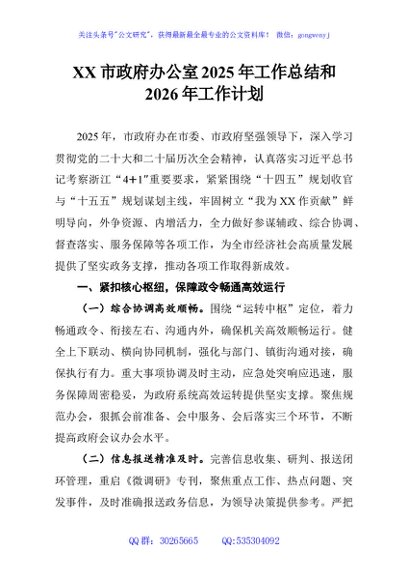 XX市政府办公室2025年工作总结和2026年工作计划