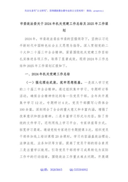 市委政法委关于2024年机关党建工作总结及2025年工作谋划