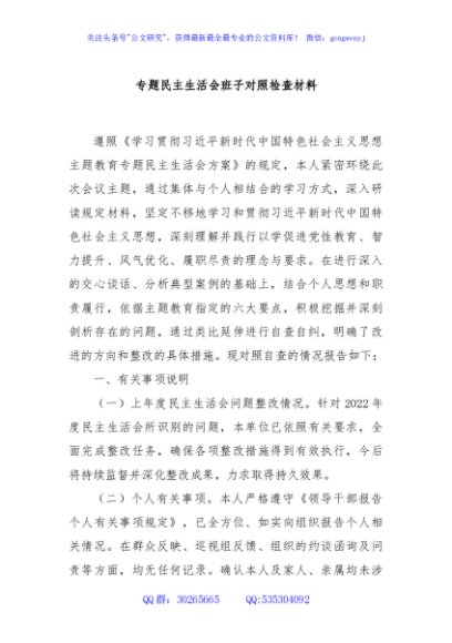 专题民主生活会班子对照检查材料
