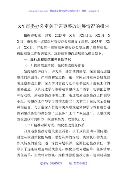 XX市委办公室关于巡察整改进展情况的报告