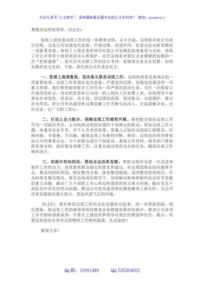 国企书记在巡视工作会上的表态发言