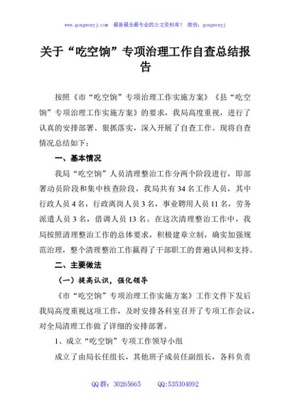 关于“吃空饷”专项治理工作自查总结报告