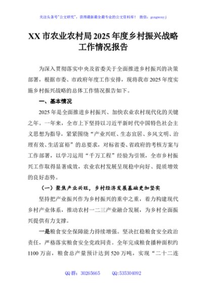 XX市农业农村局2025年度乡村振兴战略工作情况报告