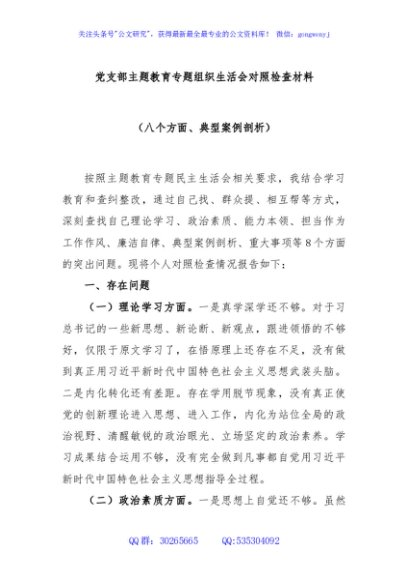 党支部主题教育专题组织生活会对照检查材料（八个方面、典型案例剖析）