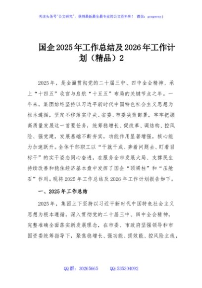 国企2025年工作总结及2026年工作计划（精品）2